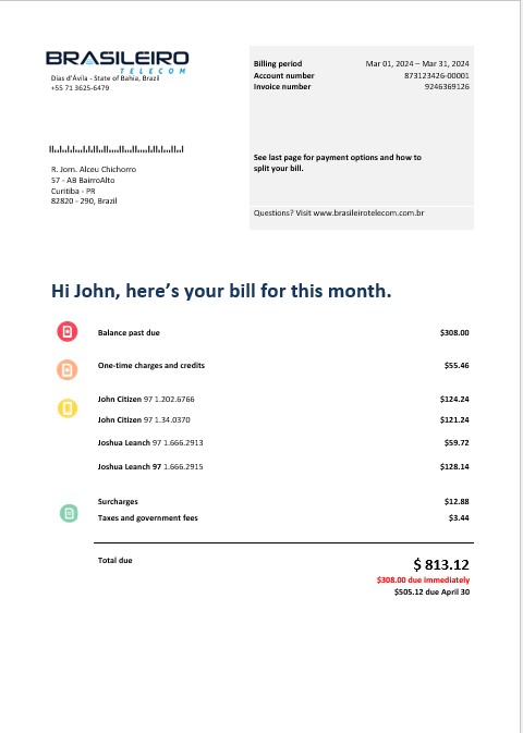 Brazil Braziliero Telecom business telecommunication bill Word and PDF template PSD template